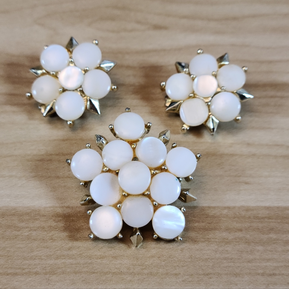 Faux Mother of Pearl (?) & Gold Flat Cut Chunky Clip On Earrings + Pin Broach
